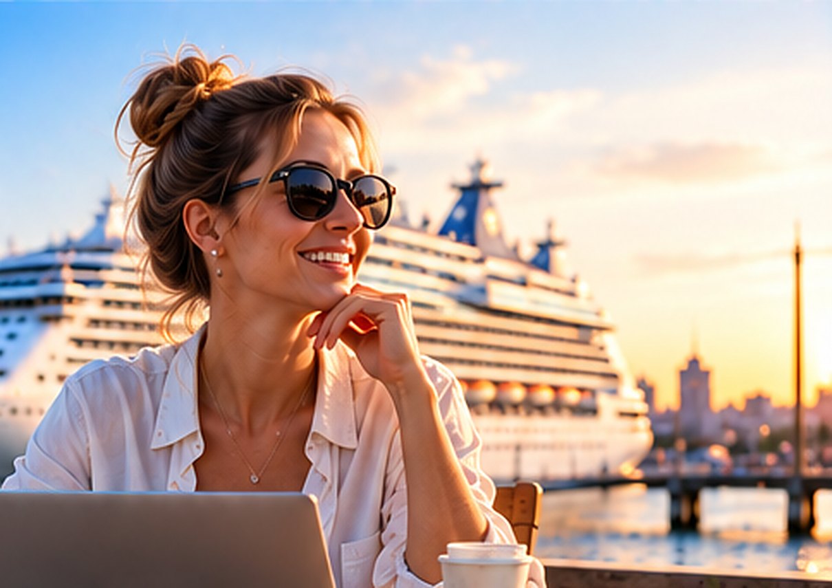 Frau am Laptop vor einem Kreuzfahrtschiff im Abendlicht