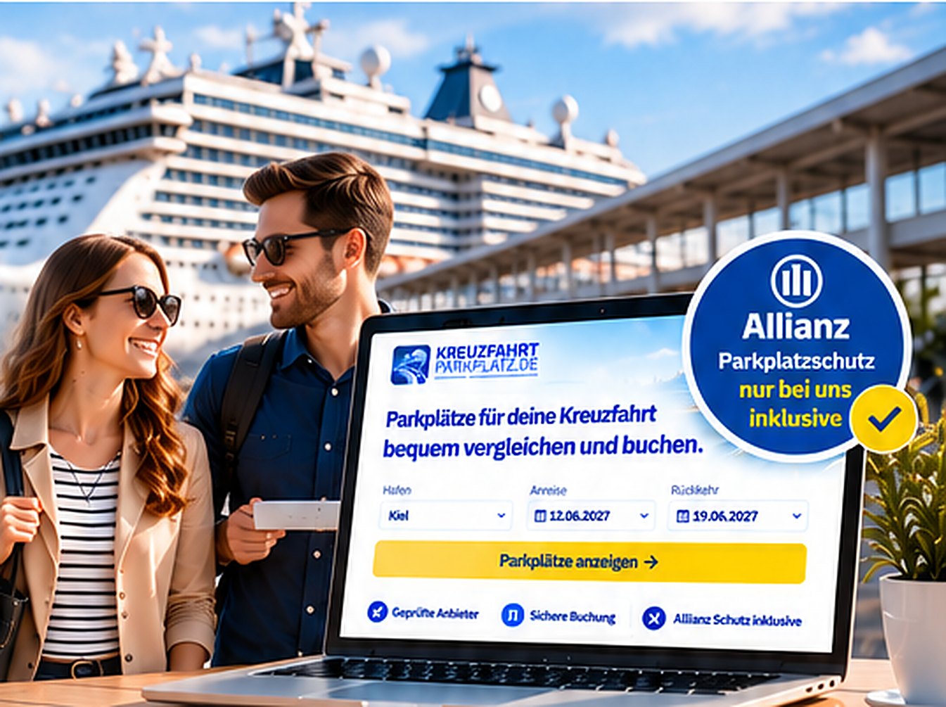 Paar vor einem Kreuzfahrtschiff, daneben ein Laptop mit KreuzfahrtParkplatz.de