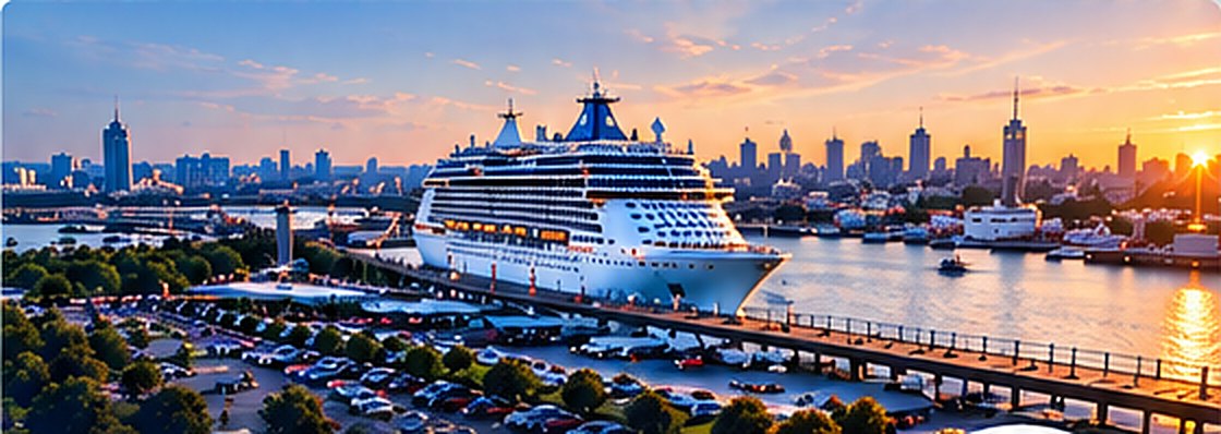 Kreuzfahrtschiff im Hafen mit Parkplatz im Sonnenuntergang