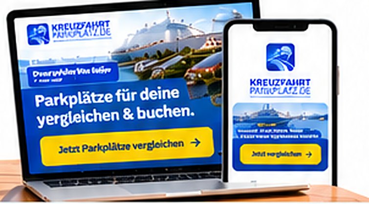 Werbemittel von KreuzfahrtParkplatz.de auf Laptop und Smartphone