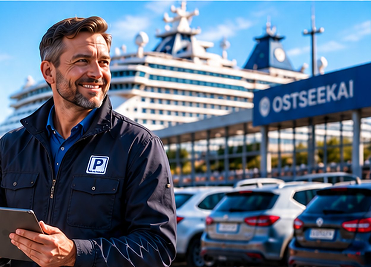 Parkplatzbetreiber mit Tablet am Kreuzfahrtterminal Ostseekai