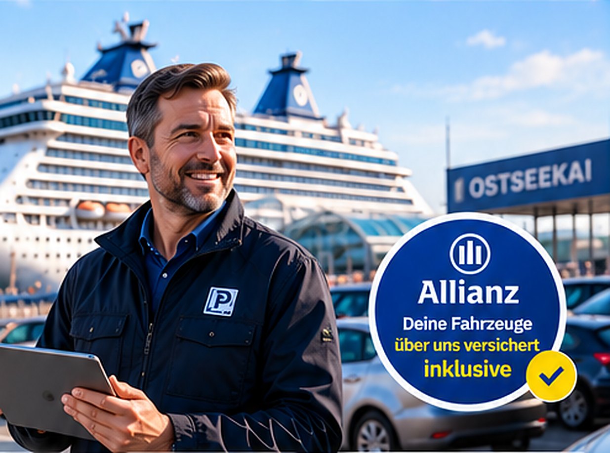 Parkplatzbetreiber mit Tablet vor einem Kreuzfahrtschiff am Ostseekai
