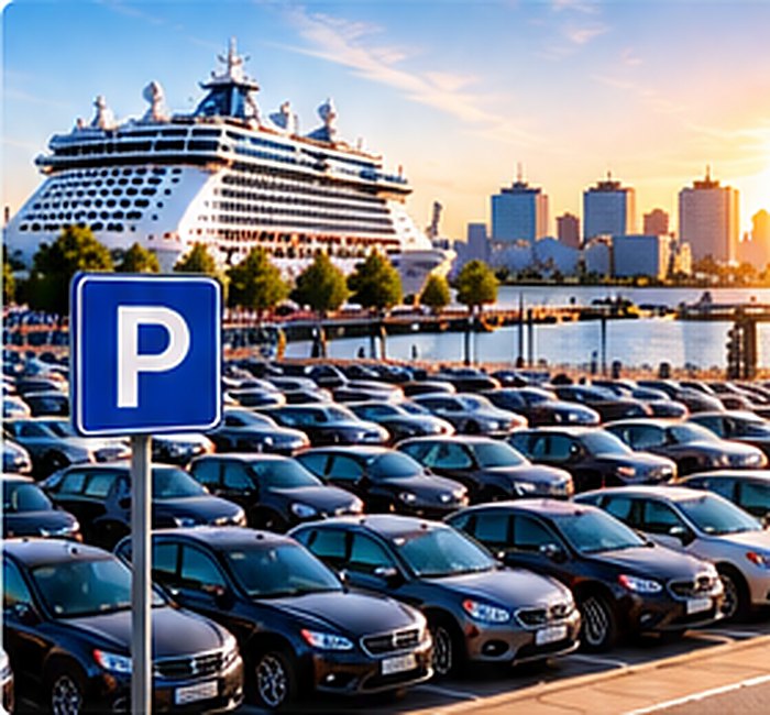 Parkplatz mit P-Schild vor einem Kreuzfahrtschiff